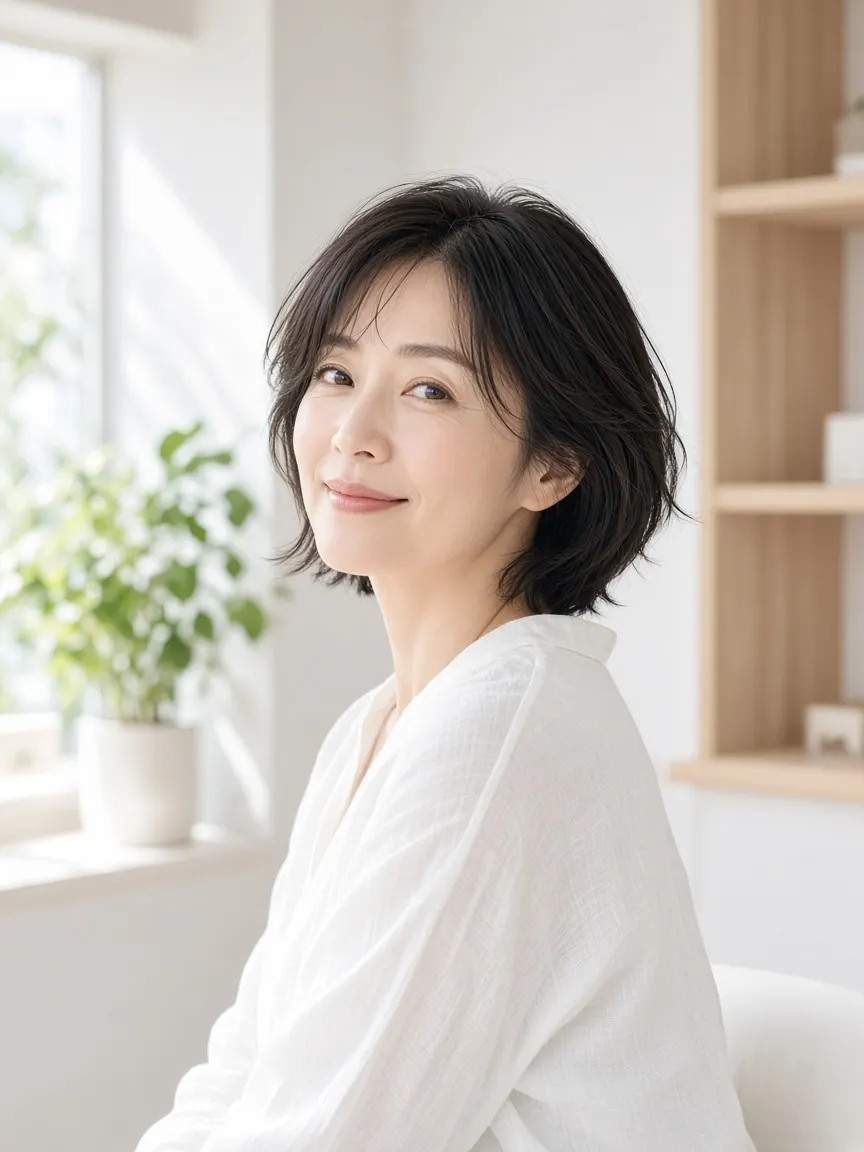 穏やかな光のなかで微笑む女性